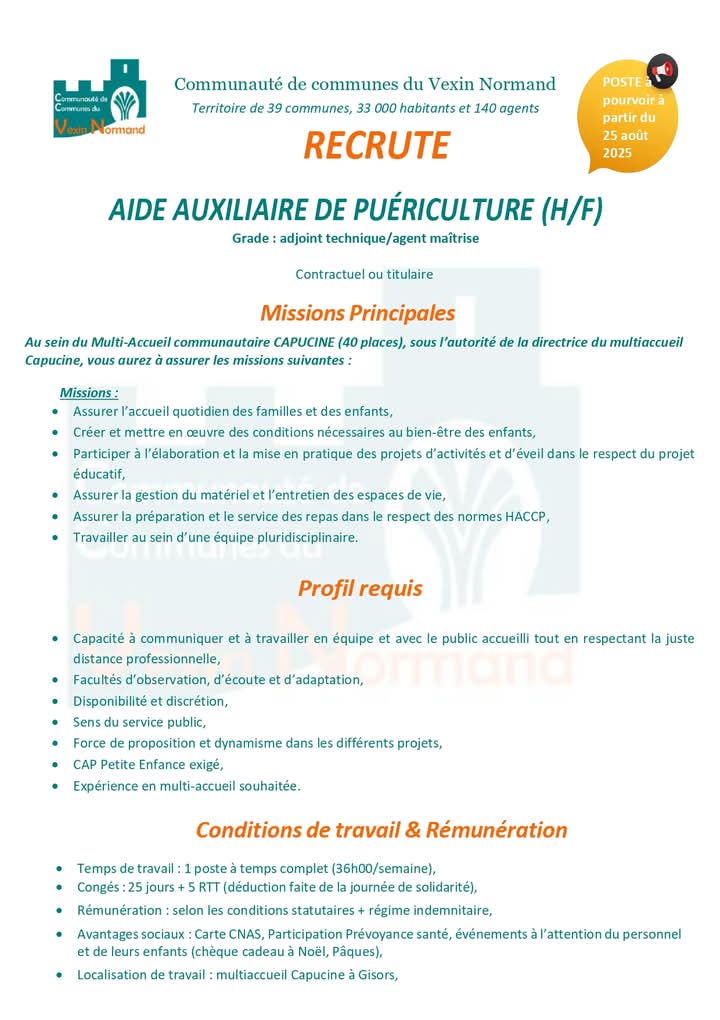 RECRUTEMENT : AIDE AUXILIAIRE DE PUÉRICULTURE (H/F)