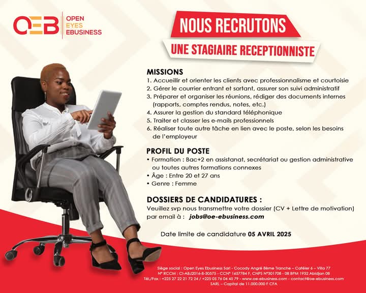 RECRUTEMENT  STAGIAIRE RÉCEPTIONNISTE