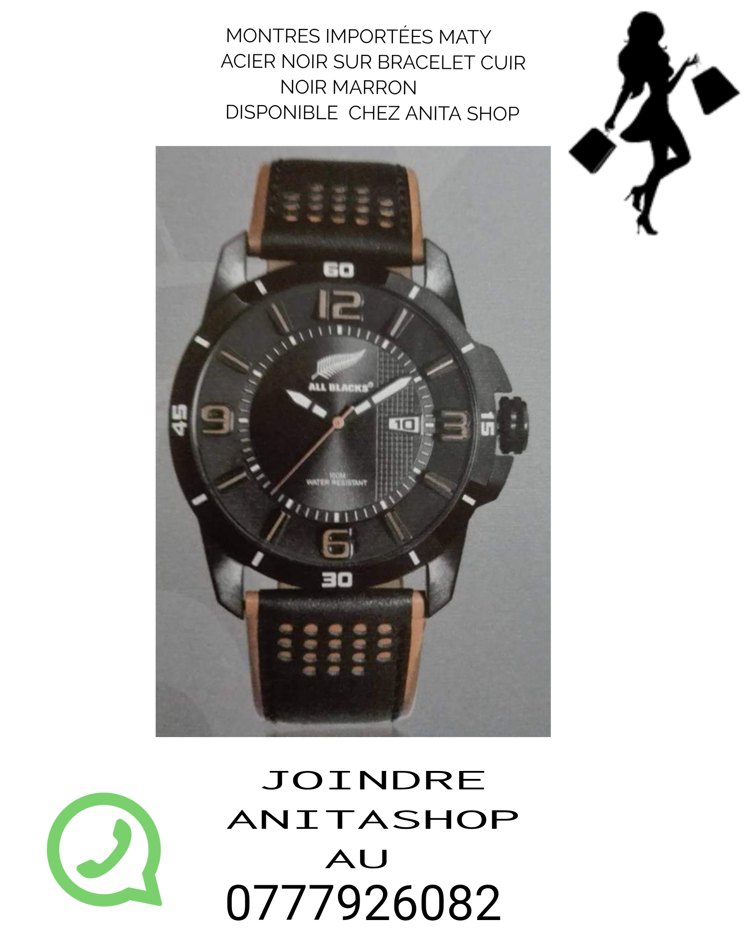 MONTRE ACIER NOIR MATY SUR BRACELET CUIR  MARRON